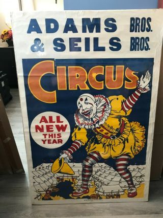 Vintage Adams & Sells Bros.  Circus Poster 28 " X 42 " White Faced Clown Above Tent