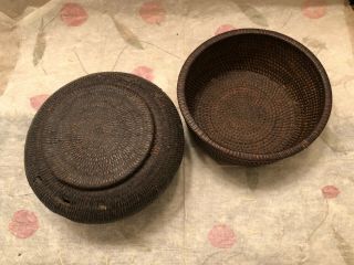 Antique/vintage Taiwan Aboriginal Reed Woven Container With Lid/basket (2)