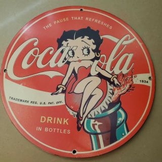 Vintage Porcelain 1934 Drink Coca - Cola Soda Pop Betty Boop Man Cave Garage Sign