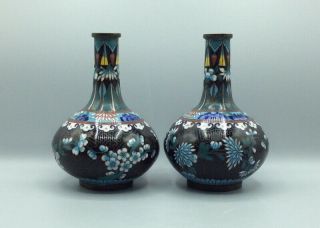 Antique Chinese Cloisonne Bottle Vases Flowers On A Black Ground