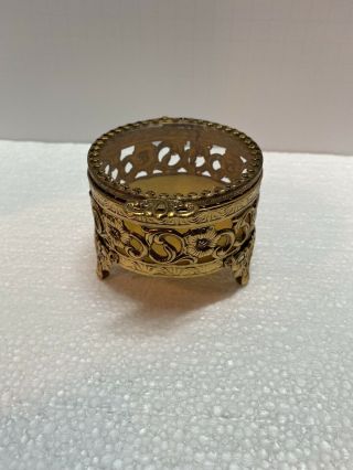 Vintage Gold Tone Filigree Round Jewelry Casket Footed Trinket Box Glass Lid