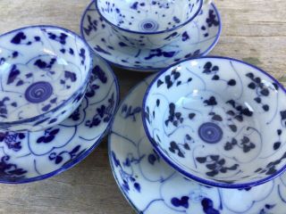 Interesting Set 3 Antique Chinese Blue & White Porcelain Tea Cup & Saucer