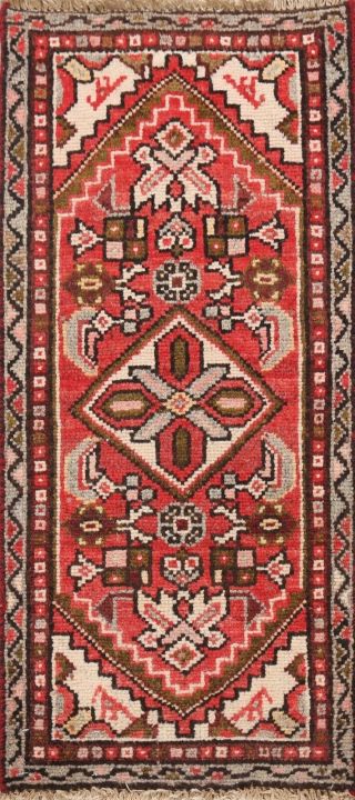 Vintage Geometric Traditional Red Area Rug Hand - Knotted Wool Oriental 1x3 Carpet