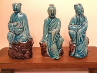 Antique Chinese Export Turquoise Blue Glazed Porcelain Immortals Figurines