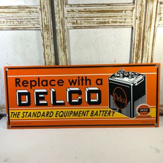 Vintage Porcelain Delco Batteries United Motors Service Oil Gas 2 Sided Sign