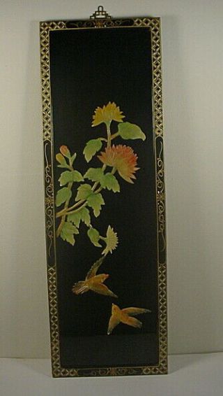 Chinese Carved Soapstone ‘birds & Flowers’ On Black & Gold Lacquered Wood Panel