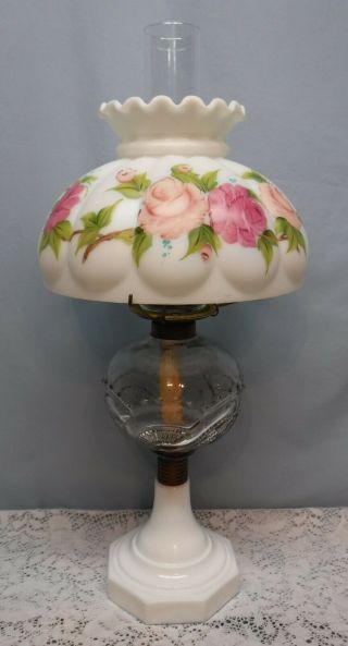 Vintage Oil Lamp Hurricane Milk Glass Base Etched Font Hand Painted Rose Shade