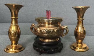Vintage Or Antique Chinese Bronze Censer With Stand And Candle Holders Rare
