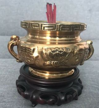 Vintage Or Antique Chinese Bronze Censer With Stand And Candle Holders Rare 2