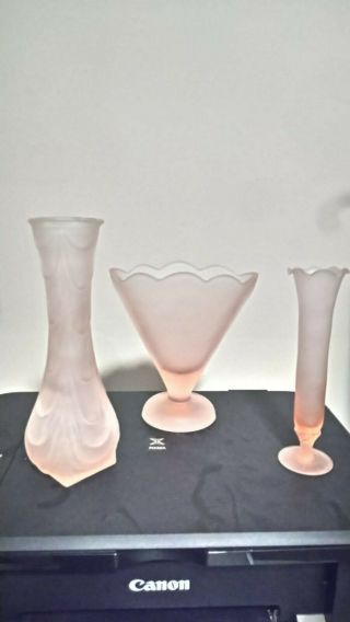Vintage Pink Satin Glass Frosted Rose Bud Vases,  3pc Set