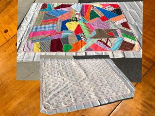 Vintage Handmade Crazy Quilt Queen Size Hand Tied Double Knit Florals 82 X 60