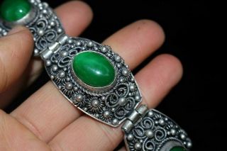 Collectible Chinese Old Tibet Silver & Green Jadeite Jade Beads Vintage Bracelet