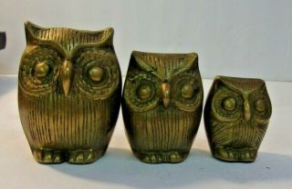 Set Of 3 Vintage Brass Owl Figurine Family - From 2 " To 3 " Tall