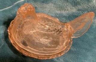 Vintage Chicken Hen On Nest Rare With Turned Head Pink Glass Candy Dish Basket