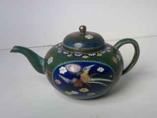 Antique Japanese Cloisonne Meiji Period Teapot,  Bird And Butterflies Rich Colors