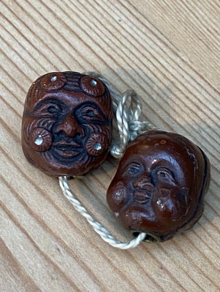 Antique Chinese Carved Hediao Nut Beads - Faces
