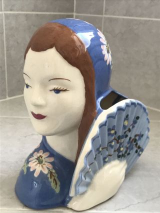 Vtg 1940s Weil Ware California Pottery Spanish Lady Woman Head Vase Planter Fan