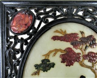 Antique Chinese Table Screen Plaque Jade Jadite Mother of Pearl Hardstones 3