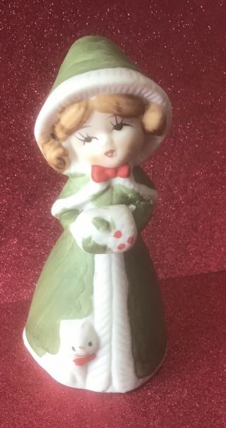 Merri - Bells Christmas Bell Vintage Jasco 1978 Girl With Cat Green Coat Porcelain