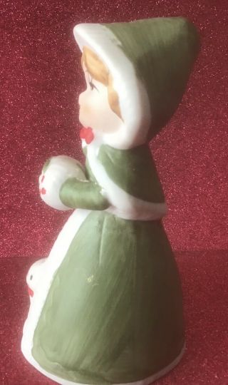 Merri - Bells Christmas Bell Vintage Jasco 1978 Girl with Cat Green Coat Porcelain 2