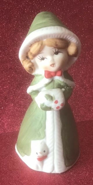 Merri - Bells Christmas Bell Vintage Jasco 1978 Girl with Cat Green Coat Porcelain 3