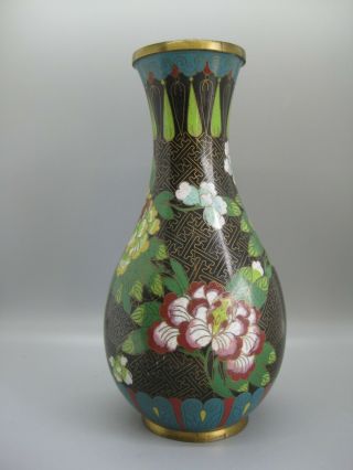 Fine Old Antique Chinese Black Cloisonne Enamel Over Brass Vase W/flowers 9.  25 "