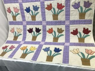Vtg Handmade Patchwork Quilt Twin Bedspread Throw Blanket Tulip Flowers Purple,