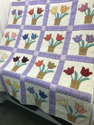 Vtg Handmade Patchwork Quilt Twin Bedspread Throw Blanket Tulip Flowers Purple, 2