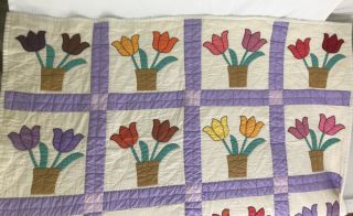 Vtg Handmade Patchwork Quilt Twin Bedspread Throw Blanket Tulip Flowers Purple, 3