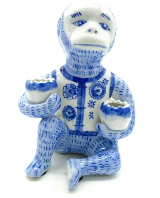 Vintage Chinese Blue And White Porcelain Monkey Candle Holders Hand Painted