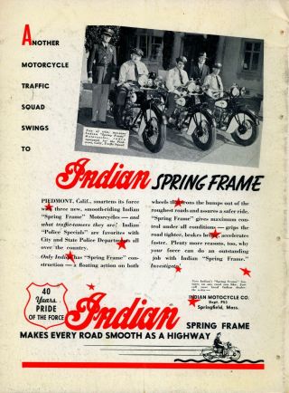 1941 Indian Motorcycles Ad: Piedmont,  California Traffic Squad Posing For Photo