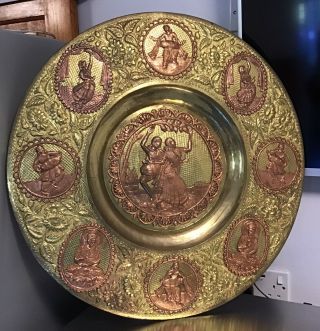 Antique Round 60cm Indian Brass Tray Charger With Copper Dancers Gods Musicians