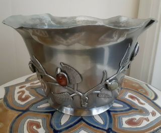 Antique Chinese Silver Tone Pewter Vase Pot Jardinere Jade Amethyst Carnelian