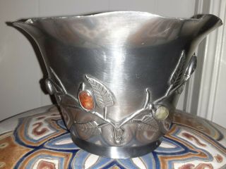 Antique Chinese Silver Tone Pewter Vase Pot Jardinere Jade Amethyst Carnelian 2
