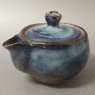 柳12) Japanese Pottery Hagi Ware Blue Glaze Pot By Seigan Yamane