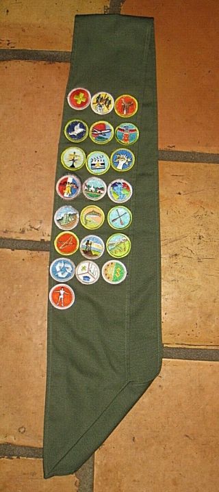Boy Scout Green Sash With 22 Merit Badges Patches