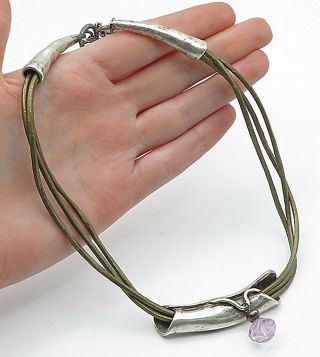 925 Sterling Silver - Vintage Amethyst Modernist Leather Chain Necklace - N3028