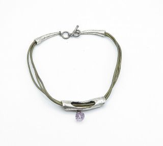 925 Sterling Silver - Vintage Amethyst Modernist Leather Chain Necklace - N3028 2