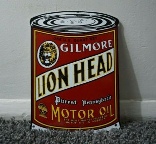 Vintage Gilmore Porcelain Sign Gas Motor Oil Can Station Pump Plate Gasoline