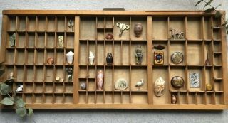 Vintage Large Letterpress Wooden Printers Tray Curios Display Case With Brass
