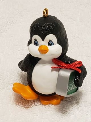 1986 Hallmark Ornament Penguin Holding Sardines Can