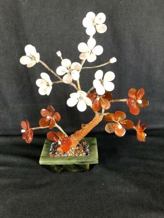 Vintage Oriental Jade Bonsai Tree Mother Of Pearl Amber Petals (ref T377)