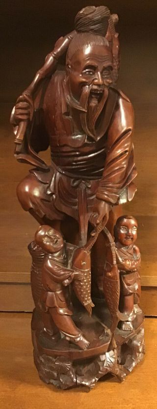 Antique Chinese Hand - Carved Wood Sculpture Fisherman W/two Children 17”