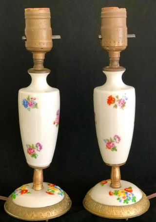 Pair,  Vintage China Boudoir Vanity Table Lamps,  Floral Design On White Porcelain