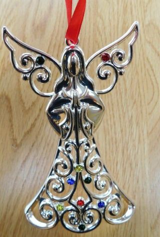 Lenox Sparkle And Scroll Silver Metal Angel Ornament/rhinestone Color Crystals