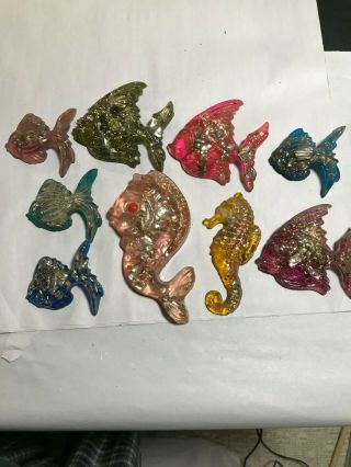 Set Of 9 Fish/seahorse Resin Plastic Colorful Wall Decorations Vintage,