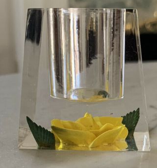Vintage Clear Lucite Acrylic Candle Holder Yellow Rose