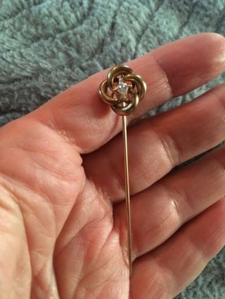 Antique 14k Gold Old Mine Cut Diamond Love Knot Pinwheel Stick Pin 2.  4 Grams