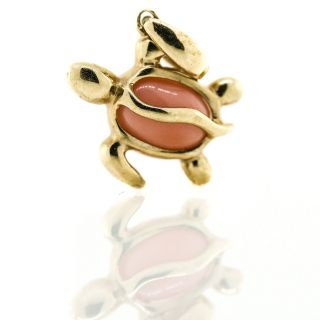 14k Yellow Gold Sea Turtle With Pink Agate Stone Shell Pendant Vtg