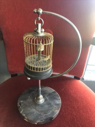 Mcm Vintage Bird In A Cage Hanging Mechanical Alarm Clock Marble Stand Japan